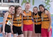 6 April 2013; Winners of the Girl's Under 13's 4x100m Relay Leevale A.C., Co. Cork, from left, Chloe O'Mahony, Caitlin Coffey, Chloe McCarthy, Emma Quigley and Andrea Ring. Woodie’s DIY AAI Juvenile Indoor Relay Championships, Athlone Institute of Technology Arena, Athlone, Co. Westmeath. Photo by Sportsfile