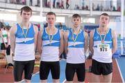 6 April 2013; Winners of the Boy's Under 19's 4x200m Relay St. Laurence O'Toole A.C, Co. Carlow, from left, Adam Murphy, Eoin Scully, Keith Nochter and Marcus Lawlor. Woodie’s DIY AAI Juvenile Indoor Relay Championships, Athlone Institute of Technology Arena, Athlone, Co. Westmeath. Photo by Sportsfile