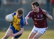 6 April 2013; Maurice Connaughton, Roscommon, in action against Shane Walsh, Galway. Cadbury Connacht GAA Football Under 21 Championship Final, Roscommon v Galway, Dr. Hyde Park, Roscommon. Picture credit: Stephen McCarthy / SPORTSFILE