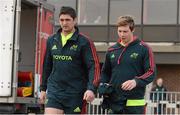 9 April 2013; Munster's James Downey, left, and Danny Barnes make their way out for squad training ahead of their Celtic League game against Leinster on Saturday. Munster Rugby Squad Training, University of Limerick, Limerick. Picture credit: Diarmuid Greene / SPORTSFILE