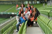 10 April 2013; In the Aviva Stadium at the Show Racism the Red Card Creative Competition Awards Exhibition are, back row, from left, Cliodhna O’ Connor, Dublin Ladies Football, Kevin Kilbane, former Republic of Ireland international, Jason Sherlock, former Dublin footballer, middle row, from left, Indira Kaljo, Meteor Women’s SuperLeague basketball, Eoin Reddan, Leinster and Ireland Rugby, RTÉ children’s TV presenter Diana Bunici and front, Philip McMahon, Dublin footballer. The Show Racism the Red Card Creative Competition involved 140 schools and youth services devising creative responses to the challenge of racism. Twenty-five schools and youth services travelled from Dublin, Cork, Limerick, Meath, Westmeath, Kildare, Leitrim and Monaghan to participate in the event, which showcased some of the work being done by young people to support the Show Racism the Red Card message. Aviva Stadium, Lansdowne Road, Dublin. Picture credit: Matt Browne / SPORTSFILE