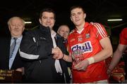 10 April 2013; Alan Cadogan, Cork, is presented with the Cadbury Hero of the Match award by Ray O'Mahony of Cadbury Ireland, after the final of the Cadbury Munster GAA Football Under 21 Championship which saw Cork named as Munster champions. Cadbury Munster GAA Football Under 21 Championship Final, Tipperary v Cork, Semple Stadium, Thurles. Picture credit: Diarmuid Greene / SPORTSFILE