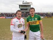 7 April 2013; Kerry captain Eoin Brosnan and Tyrone captain Stephen O'Neill ahead of the game. Allianz Football League, Division 1, Tyrone v Kerry, Healy Park, Omagh, Co. Tyrone. Picture credit: Stephen McCarthy / SPORTSFILE