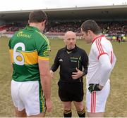7 April 2013; Referee Marty Duffy in conversation with Kerry captain Eoin Brosnan and Tyrone captain Stephen O'Neill ahead of the game. Allianz Football League, Division 1, Tyrone v Kerry, Healy Park, Omagh, Co. Tyrone. Picture credit: Stephen McCarthy / SPORTSFILE