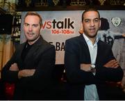 11 April 2013; Former Republic of Ireland internationals Jason McAteer, left, and Phil Babb in advance of the exclusive live broadcast of Ireland’s most popular sports radio show ‘Off the Ball’ in the Mercantile Hotel, Dame Street, Dublin. Picture credit: Matt Browne / SPORTSFILE