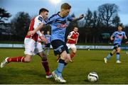 12 April 2013; Sean Russell, UCD, in action against Killian Brennan, St. Patrick’s Athletic. Airtricity League Premier Division, UCD v St. Patrick’s Athletic, UCD Bowl, Belfield, Dublin. Picture credit: David Maher / SPORTSFILE