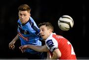 12 April 2013; Sean Russell, UCD, in action against Ger O'Brien, St. Patrick’s Athletic. Airtricity League Premier Division, UCD v St. Patrick’s Athletic, UCD Bowl, Belfield, Dublin. Picture credit: David Maher / SPORTSFILE