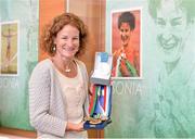 13 April 2013; Former Olympic silver medallist, Double World Cross Country Champion 1998 and World and European 5000m Champion Sonia O'Sullivan with a number of her medals which will be on display in the Pavillion at the opening of the Sonia O'Sullivan Athletics Track. Mardyke Arena, Cork. Picture credit: Brendan Moran / SPORTSFILE