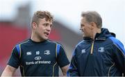 13 April 2013; Leinster's Ian Madigan talking with head coach Joe Schmidt during the game. Celtic League 2012/13, Round 20, Munster v Leinster, Thomond Park, Limerick. Picture credit: Diarmuid Greene / SPORTSFILE