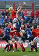 13 April 2013; Paul O'Connell, Munster, wins possession for his side in a lineout ahead of Jamie Heaslip, Leinster. Celtic League 2012/13, Round 20, Munster v Leinster, Thomond Park, Limerick. Picture credit: Diarmuid Greene / SPORTSFILE