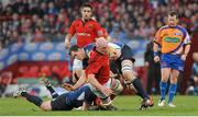 13 April 2013; Paul O'Connell, Munster, is tackled by Shane Jennings, left, and Devin Toner, Leinster. Celtic League 2012/13, Round 20, Munster v Leinster, Thomond Park, Limerick. Picture credit: Gareth Williams / SPORTSFILE