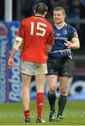 13 April 2013; Leinster's Brian O'Driscoll and Munster's Felix Jones exchange a handshake after the game. Celtic League 2012/13, Round 20, Munster v Leinster, Thomond Park, Limerick. Picture credit: Diarmuid Greene / SPORTSFILE
