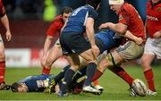 13 April 2013; Leinster's Dave Kearney lies injured after an incident involving Paul O'Connell, Munster, which resulted in Kearney being stretchered off. Celtic League 2012/13, Round 20, Munster v Leinster, Thomond Park, Limerick. Picture credit: Brendan Moran / SPORTSFILE