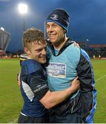 13 April 2013; Leinster's Ian Madigan celebrates with team physio Karl Denvir after victory over Munster. Celtic League 2012/13, Round 20, Munster v Leinster, Thomond Park, Limerick. Picture credit: Diarmuid Greene / SPORTSFILE