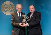 13 April 2013; Uachtarán Chumann Lúthchleas Gael Liam Ó Néill presents former Irish Olympian Tom O’Riordan, from Kerry, with the 2012 Hall of Fame Award. GAA MacNamee Awards 2011 & 2012, Croke Park, Dublin. Picture credit: Matt Browne / SPORTSFILE