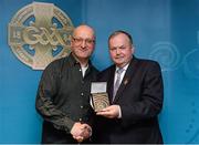 13 April 2013; Uachtarán Chumann Lúthchleas Gael Liam Ó Néill presents Pat O‘Mahony with the 2012 Best GAA Related Radio Programme Award. GAA MacNamee Awards 2011 & 2012, Croke Park, Dublin. Picture credit: Matt Browne / SPORTSFILE