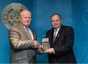 13 April 2013; Uachtarán Chumann Lúthchleas Gael Liam Ó Néill presents Seamus Hennigan, from Omagh St. Enda’s GAA Club, with the 2011 Club Project Award. GAA MacNamee Awards 2011 & 2012, Croke Park, Dublin. Picture credit: Matt Browne / SPORTSFILE