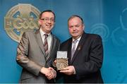 13 April 2013; Uachtarán Chumann Lúthchleas Gael Liam Ó Néill presents James Laffey, from Mayo, with the 2011 Best GAA Publication Award. GAA MacNamee Awards 2011 & 2012, Croke Park, Dublin. Picture credit: Matt Browne / SPORTSFILE