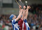 14 April 2013; Derek McNicholas, Westmeath, in action against Brian Campion, left, and Brian Stapleton, Laois. Allianz Hurling League, Division 2, Final, Laois v Westmeath, O'Connor Park, Tullamore, Co. Offaly. Picture credit: Matt Browne / SPORTSFILE