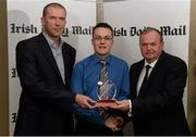 15 April 2013; Alan Coyne accepting the Irish Daily Mail Future Football Champions 2013 award on behalf of Jonny Cooper, DCU/Dublin, and Michael Murphy, DCU/Donegal, from Irish Daily Mail GAA columnist Liam Hayes, left, and Uachtarán Chumann Lúthchleas Gael Liam Ó Néill. Irish Daily Mail Future Champions Awards 2013, Croke Park, Dublin. Photo by Sportsfile