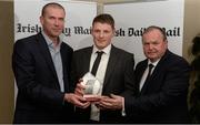 15 April 2013; Conor Cox, UCC/Kerry, who was presented with his Irish Daily Mail Future Football Champions 2013 award by Irish Daily Mail GAA columnist Liam Hayes, left, and Uachtarán Chumann Lúthchleas Gael Liam Ó Néill. Irish Daily Mail Future Champions Awards 2013, Croke Park, Dublin. Photo by Sportsfile