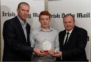 15 April 2013; Jack Dougan, UCD/Dublin, who was presented with his Irish Daily Mail Future Hurling Champions 2013 award by Irish Daily Mail GAA columnist Liam Hayes, left, and Uachtarán Chumann Lúthchleas Gael Liam Ó Néill. Irish Daily Mail Future Champions Awards 2013, Croke Park, Dublin. Photo by Sportsfile