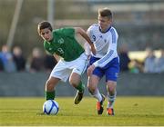 16 April 2013; Zachary Elbouzedi, Republic of Ireland, in action against Kaan Kairinen, Finland. U15 International Friendly, Republic of Ireland v Finland, Oscar Traynor Centre, Coolock, Dublin. Picture credit: Barry Cregg / SPORTSFILE