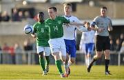 16 April 2013; Jesse Stafford Lacey, Republic of Ireland, in action against Kaan Kairinen, Finland. U15 International Friendly, Republic of Ireland v Finland, Oscar Traynor Centre, Coolock, Dublin. Picture credit: Barry Cregg / SPORTSFILE