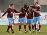 16 April 2013; Drogheda United's Gary O'Neill, second from right, is congratulated after scoring his side's first goal by team-mates, from left, Brian Gannon, Ryan Brennan and Declan O'Brien. Setanta Sports Cup, Semi-Final, First Leg, Drogheda United v Sligo Rovers, Hunky Dory Park, Drogheda, Co. Louth. Photo by Sportsfile