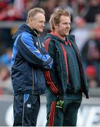 13 April 2013; Leinster head coach Joe Schmidt, left, with Munster assistant coach Simon Mannix. Celtic League 2012/13, Round 20, Munster v Leinster, Thomond Park, Limerick. Picture credit: Brendan Moran / SPORTSFILE