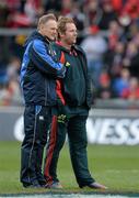 13 April 2013; Leinster head coach Joe Schmidt, left, with Munster assistant coach Simon Mannix. Celtic League 2012/13, Round 20, Munster v Leinster, Thomond Park, Limerick. Picture credit: Brendan Moran / SPORTSFILE