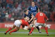 13 April 2013; Cian Healy, Leinster, is tackled by Casey Laulala, left, and James Coughlan, Munster. Celtic League 2012/13, Round 20, Munster v Leinster, Thomond Park, Limerick. Picture credit: Brendan Moran / SPORTSFILE