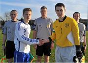 16 April 2013; Republic of Ireland captain Corey Chambers, right, shakes hands with Finland captain Kalle Salmi alongside referee Ben Connolly, centre, first assistant Robert Clarke, far left, and second assistant Simon Rogers before the game. U15 International Friendly, Republic of Ireland v Finland, Oscar Traynor Centre, Coolock, Dublin. Picture credit: Barry Cregg / SPORTSFILE