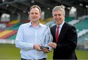 18 April 2013; Football Association of Ireland Chief Executive John Delaney presents Shamrock Rovers chairman Jonathan Roche with the Match Day Management Team of the year award. Tallaght Stadium, Tallaght, Dublin. Picture credit: Brian Lawless / SPORTSFILE