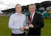 18 April 2013; Football Association of Ireland Chief Executive John Delaney presents Shamrock Rovers chairman Jonathan Roche with the Match Day Management Team of the year award. Tallaght Stadium, Tallaght, Dublin. Picture credit: Brian Lawless / SPORTSFILE