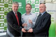18 April 2013; Football Association of Ireland Chief Executive John Delaney, left, and Eddie Murray, FAI Stadia and Security Committee, right, present Shamrock Rovers chairman Jonathan Roche with the Match Day Management Team of the year award. Tallaght Stadium, Tallaght, Dublin. Picture credit: Brian Lawless / SPORTSFILE