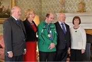 18 April 2013; Team Ireland alpine skiing athlete Gary Burton, from Sallynoggin, Co. Dublin, and his parents Mary and Michael, with President of Ireland Michael D. Higgins and his wife Sabina at a reception for the Special Olympics World Winter Games squad in Aras an Uachtarain, Phoenix Park, Dublin. Picture credit: Barry Cregg / SPORTSFILE