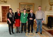18 April 2013; Team Ireland floorball athlete Brendan O'Sullivan, from Mallow, Co. Cork, and his parents Margaret and Tom, with President of Ireland Michael D. Higgins and his wife Sabina at a reception for the Special Olympics World Winter Games squad in Aras an Uachtarain, Phoenix Park, Dublin. Picture credit: Ray McManus / SPORTSFILE