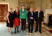 18 April 2013; Team Ireland floorball athlete Roy Saville, from Mayfield, Co. Cork, and his parents Sheila and Pat, with President of Ireland Michael D. Higgins and his wife Sabina at a reception for the Special Olympics World Winter Games squad in Aras an Uachtarain, Phoenix Park, Dublin. Picture credit: Ray McManus / SPORTSFILE