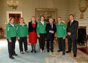18 April 2013; Team Ireland Head of Delegation Barbara Cahill, Alpine Skiing Coach Jill Sloan, Julie Dwyer, Team Ireland Medical Officer, Alpine Skiing Coach Len Gallagher, and Patrick Kickham, Special Olympics, with President of Ireland Michael D. Higgins and his wife Sabina at a reception for the Special Olympics World Winter Games squad in Aras an Uachtarain, Phoenix Park, Dublin. Picture credit: Ray McManus / SPORTSFILE