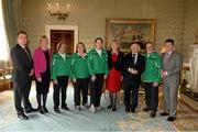 18 April 2013; Team Ireland Head of Delegation Barbara Cahill, Patrick Kickham, Special Olympics, Mary Davis, Chairperson Special Olympics Ireland, Alpine Skiing Coach Jill Sloan, Julie Dwyer, Team Ireland Medical Officer, Alpine Skiing Coach Len Gallagher, and Matt English, CEO Special Olympics Ireland, with President of Ireland Michael D. Higgins and his wife Sabina at a reception for the Special Olympics World Winter Games squad in Aras an Uachtarain, Phoenix Park, Dublin. Picture credit: Ray McManus / SPORTSFILE