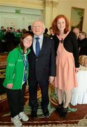 18 April 2013; Team Ireland alpine skiing athlete Katherine Daly, from Dalkey, Co. Dublin, with her sister Anna and the President of Ireland Michael D. Higgins at a reception for the Special Olympics World Winter Games squad in Aras an Uachtarain, Phoenix Park, Dublin. Picture credit: Ray McManus / SPORTSFILE