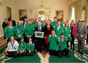 18 April 2013; The President of Ireland Michael D. Higgins and his wife Sabina, Mary Davis, Chairperson Special Olympics Ireland, Matt English, CEO Special Olympics Ireland, with Special Olympics athletes and coaches at a reception for the Special Olympics World Winter Games squad in Aras an Uachtarain, Phoenix Park, Dublin. Picture credit: Ray McManus / SPORTSFILE