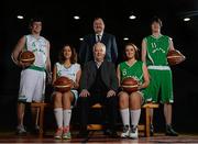 19 April 2013; Basketball Ireland is proud to announce Macron as the official kit and leisurewear supplier of their Irish International Programmes. Pictured at the announcement are Bernard O'Byrne, Chief Executive, Basketball Ireland, back row centre, and John Fallon, Director of Macron Team Kits, front row centre, with Superleague players, from left, Conor James, Templeogue, Susan Fogarty, Meteors, Karen Meany, Meteors, and Cian Nihill, Moycullen. National Basketball Arena, Tallaght, Dublin. Picture credit: Brian Lawless / SPORTSFILE
