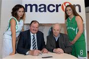 19 April 2013; Basketball Ireland is proud to announce Macron as the official kit and leisurewear supplier of their Irish International Programmes. Pictured at the announcement is Bernard O'Byrne, Chief Executive, Basketball Ireland with John Fallon, Director of Macron Team Kit and Meteors players Susan Fogarty, left, and Karen Meany. National Basketball Arena, Tallaght, Dublin. Picture credit: Matt Browne / SPORTSFILE