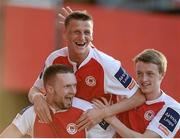 19 April 2013; Conan Byrne, left, St Patrick’s Athletic, celebrates after scoring his side's first goal with team-mate's Anto Flood, centre, and Chris Forrester. Airtricity League Premier Division, St Patrick’s Athletic v Sligo Rovers, Richmond Park, Dublin. Picture credit: David Maher / SPORTSFILE