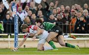 19 April 2013; Andrew Trimble, Ulster, scores his side's second try despite the efforts of Danie Poolman, Connacht. Celtic League 2012/13, Round 21, Connacht v Ulster, Sportsground, Galway. Picture credit: Diarmuid Greene / SPORTSFILE