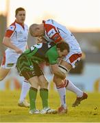 19 April 2013; Lewis Stevenson of Ulster is tackled by Brian Murphy of Connacht during the Celtic League 2012/13, Round 21, Connacht and Ulster at Sportsground in Galway. Photo by Diarmuid Greene/Sportsfile