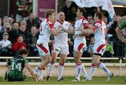 19 April 2013; Andrew Trimble, Ulster, celebrates with team-mates, from left to right, Rory Best, Ruan Pienaar and Paddy Jackson, after scoring his side's second try. Celtic League 2012/13, Round 21, Connacht v Ulster, Sportsground, Galway. Picture credit: Diarmuid Greene / SPORTSFILE
