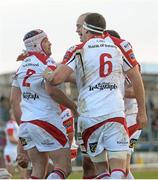 19 April 2013; Rory Best, Ulster, is congratulated by team-mates Lewis Stevenson and Robbie Diack, 6, after scoring his side's third try. Celtic League 2012/13, Round 21, Connacht v Ulster, Sportsground, Galway. Picture credit: Diarmuid Greene / SPORTSFILE